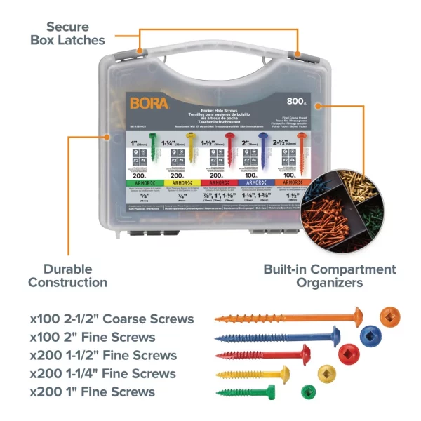 BORA 800-Piece Pocket-Hole Screw Kit Fine | BR-A180403 - Image 2
